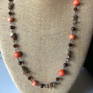 Handcrafted Natural Stone Necklace with Coral, Amber, and Green Tones